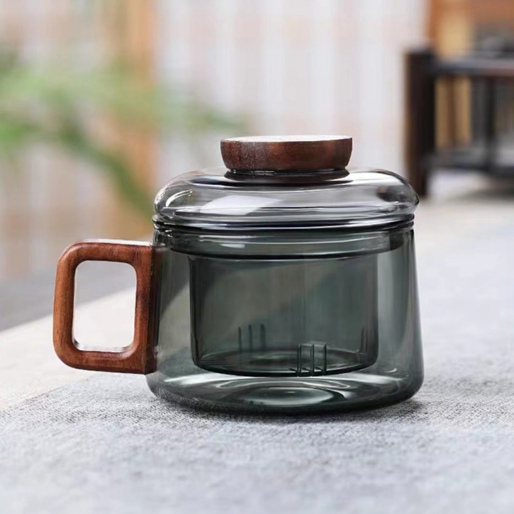 티로하 내열 유리 티머그 녹차잔 (투명 블랙)( 200 ml) 유리티 뚜껑티 머그컵 - 메인 이미지