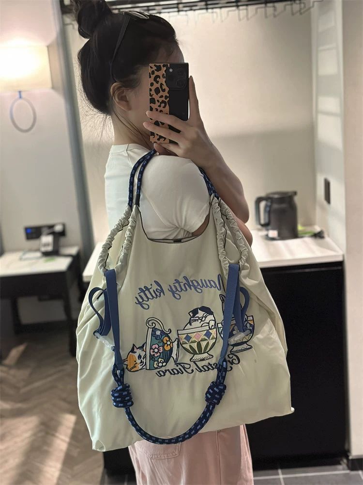 데일리 쇼퍼백 에코백 로프 바스락 자수 나일론 비치 여행 가방 여성 - 상세 이미지 4