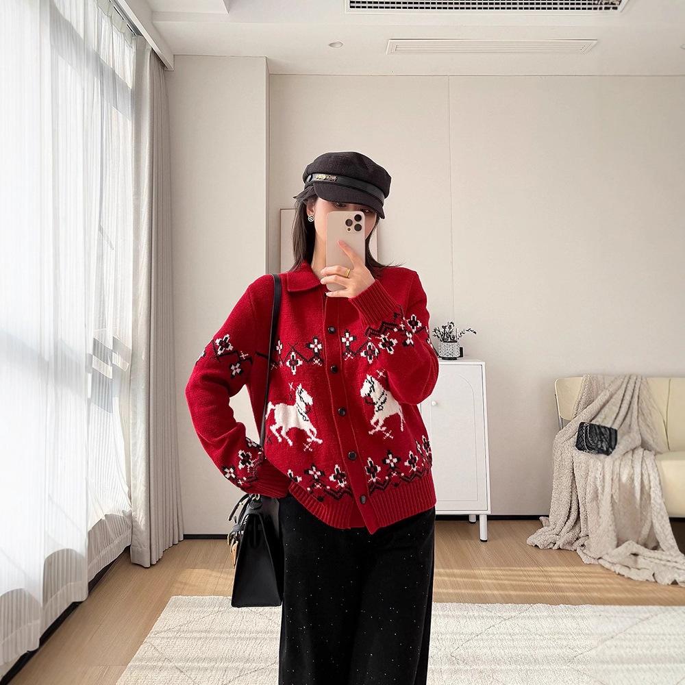 레드 크리스마스 가디건 자카드 라펠 울 가을 겨울 - 상세 이미지 4