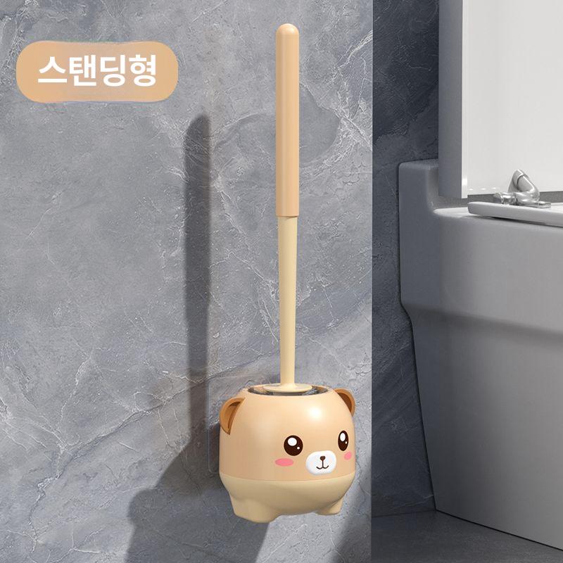 무타공 벽걸이형 욕실 청소용 긴손잡이 변기 브러시 세트 바닥형 카키베어 - 상품 이미지
