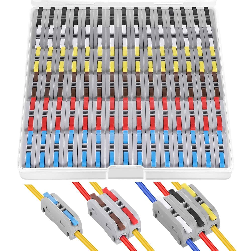 60개 XHF 컬러 도체 컴팩트 커넥터 레버 너트, 모든 회로 인라인 스플라이스 28-12 AWG(SPL-1)용 전선 단자 6 Color - 상품 이미지
