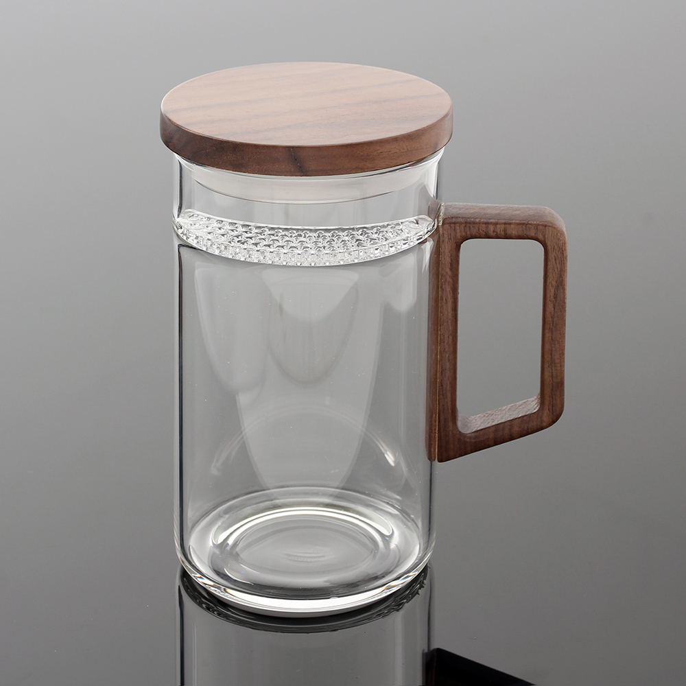 티로하 우디스트 내열 유리 티머그 녹차잔 (400 ml) 유리티 뚜껑티 머그컵 거름망 - 상품 이미지