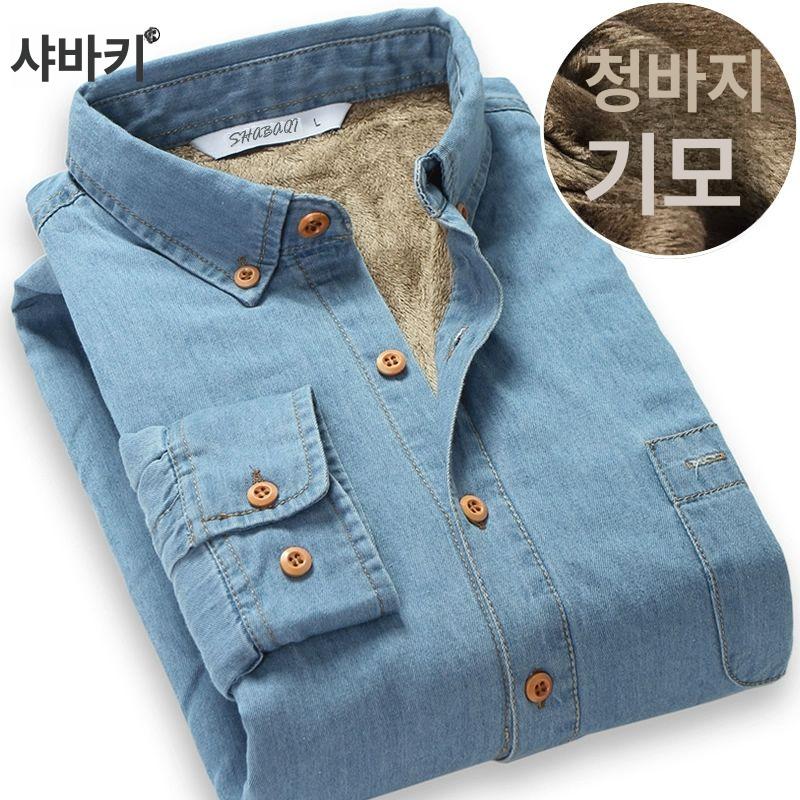 기모 남자 청남방 가을 겨울 캐주얼 긴팔 남성남방 빅사이즈 데님셔츠 긴팔셔츠 - 상세 이미지 3