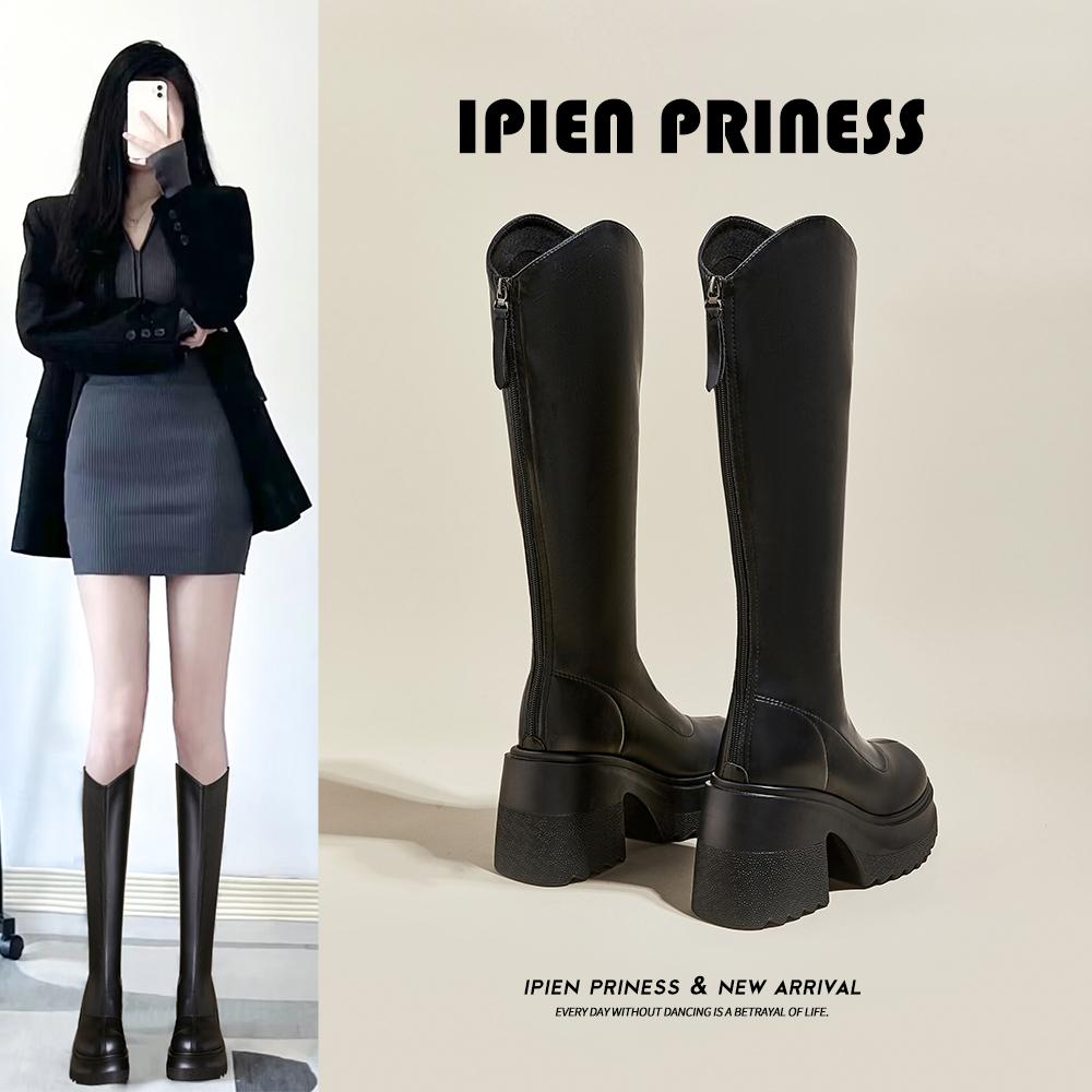 여성 통굽 롱부츠 소가죽 하이힐 키높이 겨울 데일리 승마 스타일 - 상세 이미지 2
