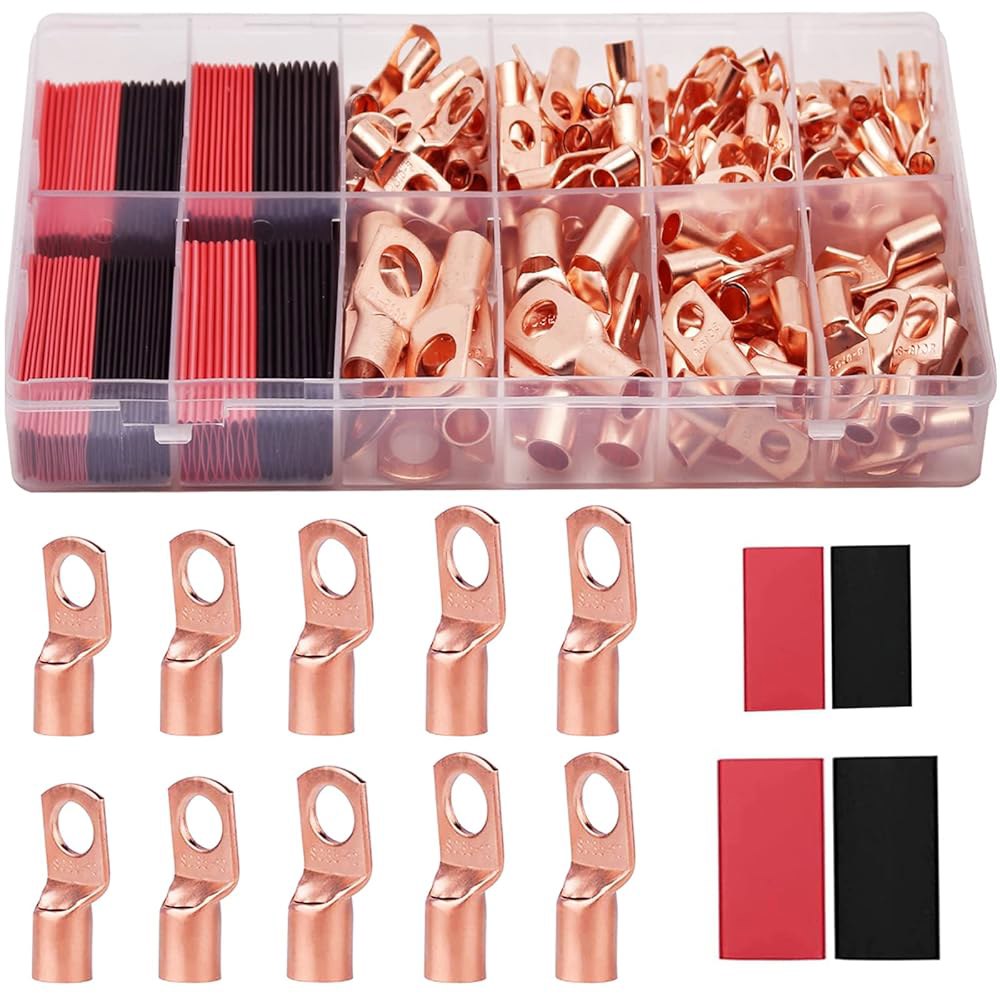 TKDMR 160Pcs 구리선 러그 AWG2 4 6 8 10 12, 열수축 세트, 80Pcs 배터리 케이블 엔드 링 단자 커넥터 튜빙 구색 키트 8 Kind Sizes 100 - 상품 이미지