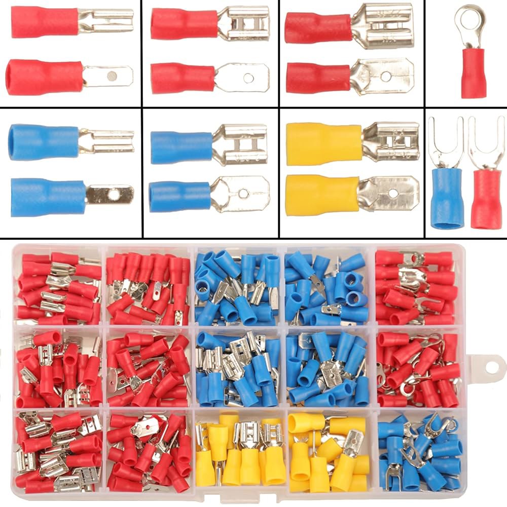 페기줄리 280PCS 크림프 커넥터, 2.8mm 4.8mm 6.3mm 남녀 스페이드 커넥터 키트, 15종 단자 전기 단자에는 링 포크 와이어 커넥터가 포함되어 있습니다 280pcs - 상품 이미지