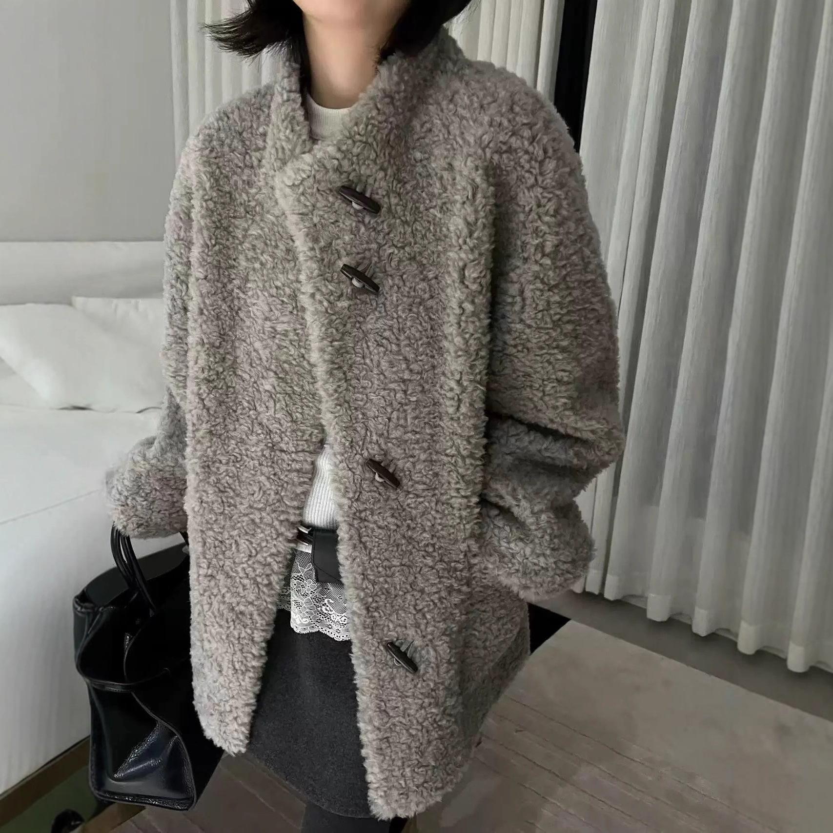여성용 양털 테두리 모피 원피스 코트 캐주얼 겨울 - 상품 이미지