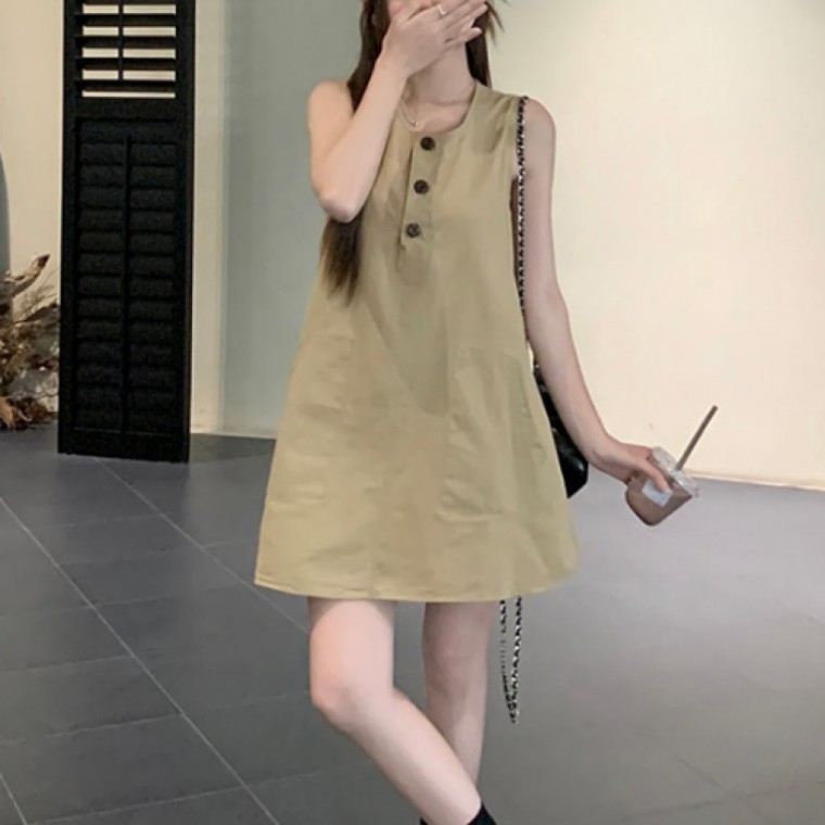 여성 캐주얼 민소매 미니 라운드 버튼 원피스 나시 데일리 슬림핏 원피스 - 메인 이미지