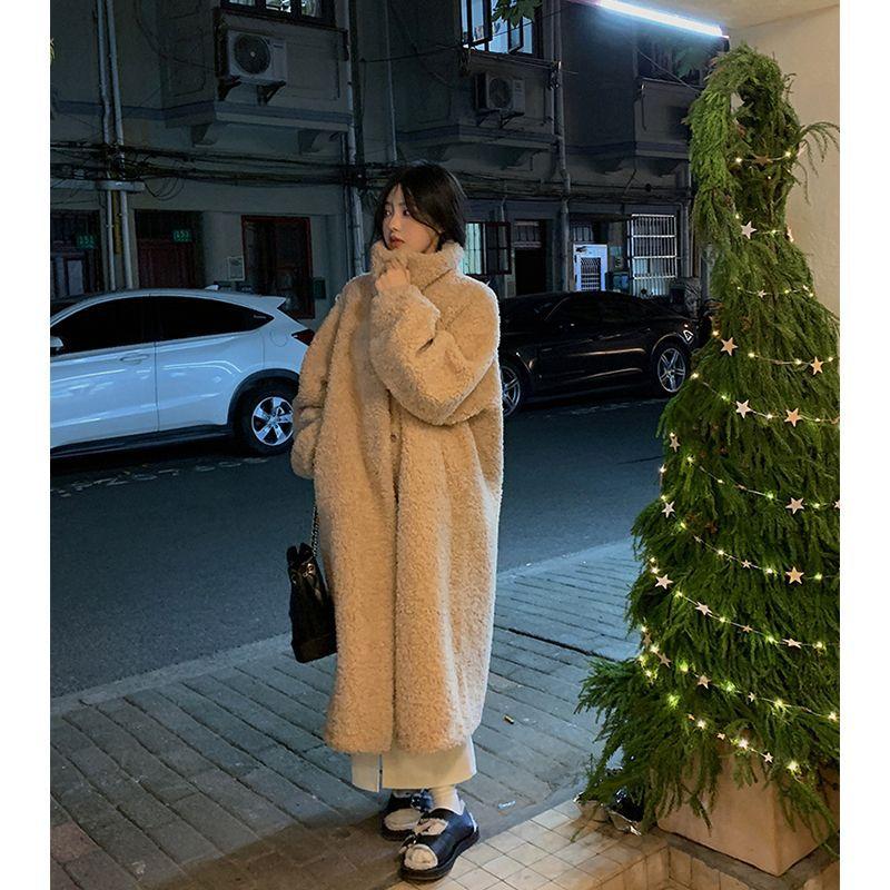 여성용 양털 스탠드 칼라 롱 코트 루즈핏 다용도 겨울 - 상세 이미지 2