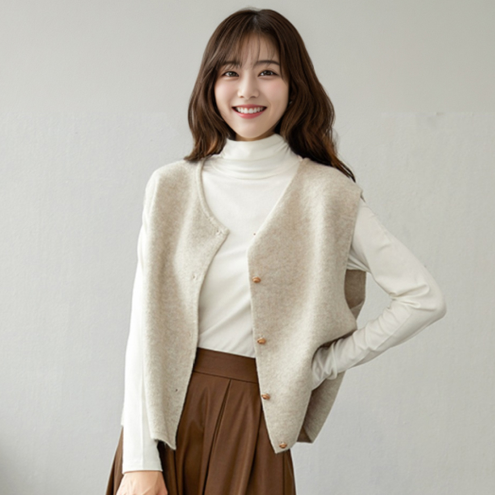 가을 여자 브이넥 단추 니트조끼 배스트 가디건 - 상품 이미지
