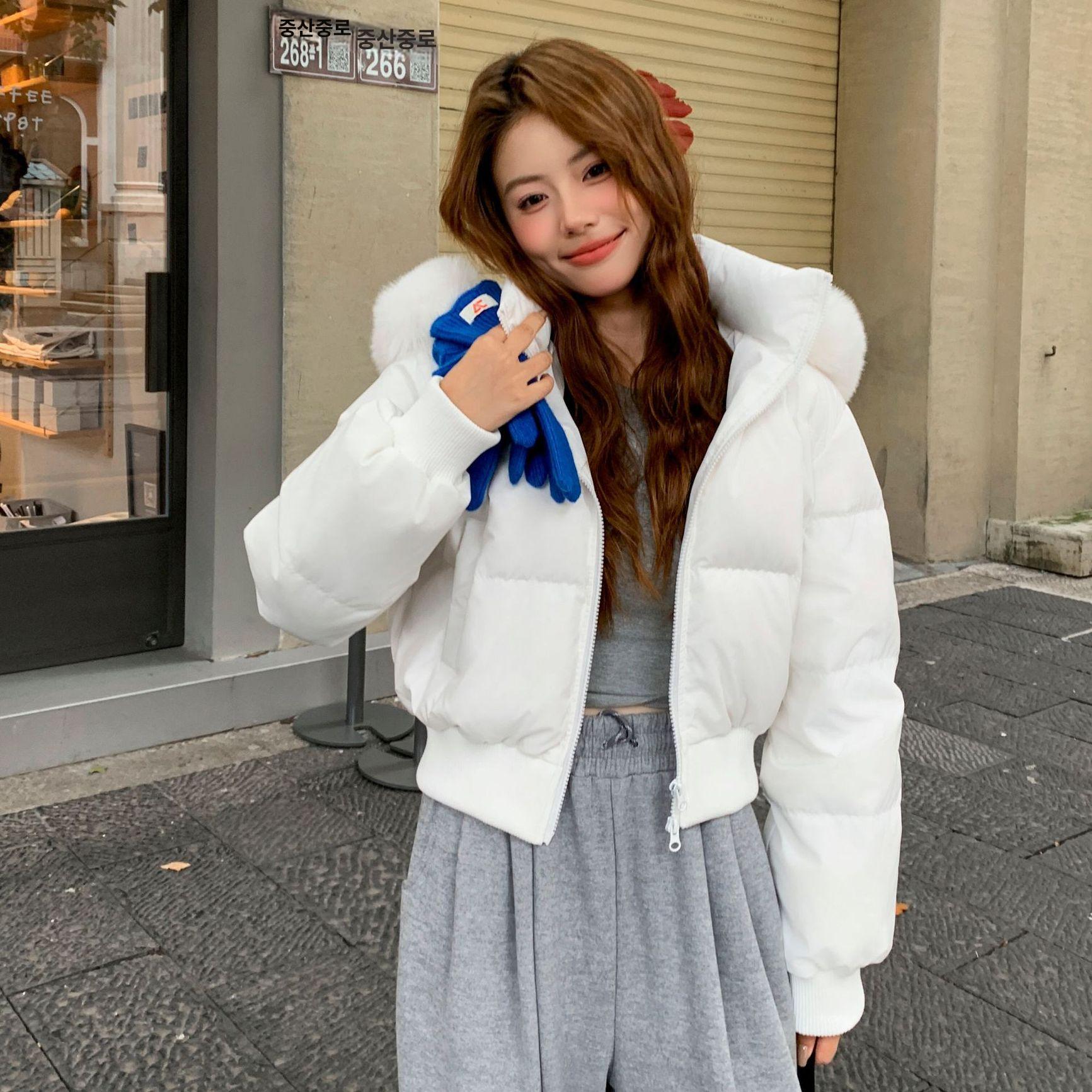 오리 다운 패딩 카라 허리 재킷 여성 겨울 두꺼운 짧은 - 메인 이미지