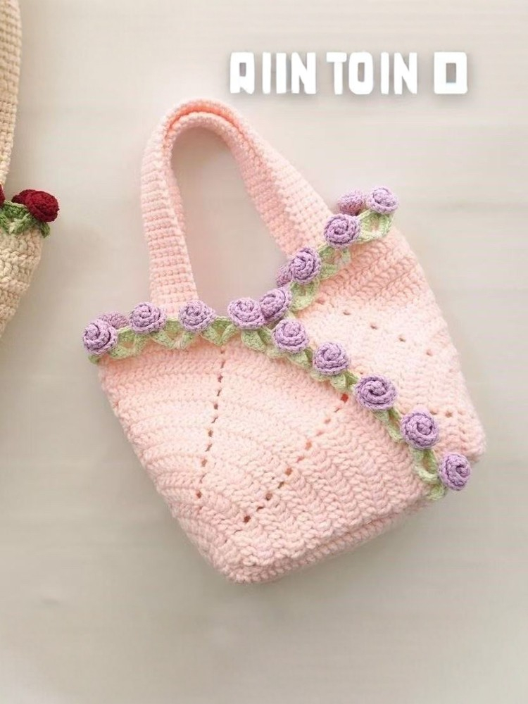 로즈 플라워 니트 가방 DIY 수공예 꽃 재료 키트 핑크+퍼플 플라워 백 - 상세 이미지 3