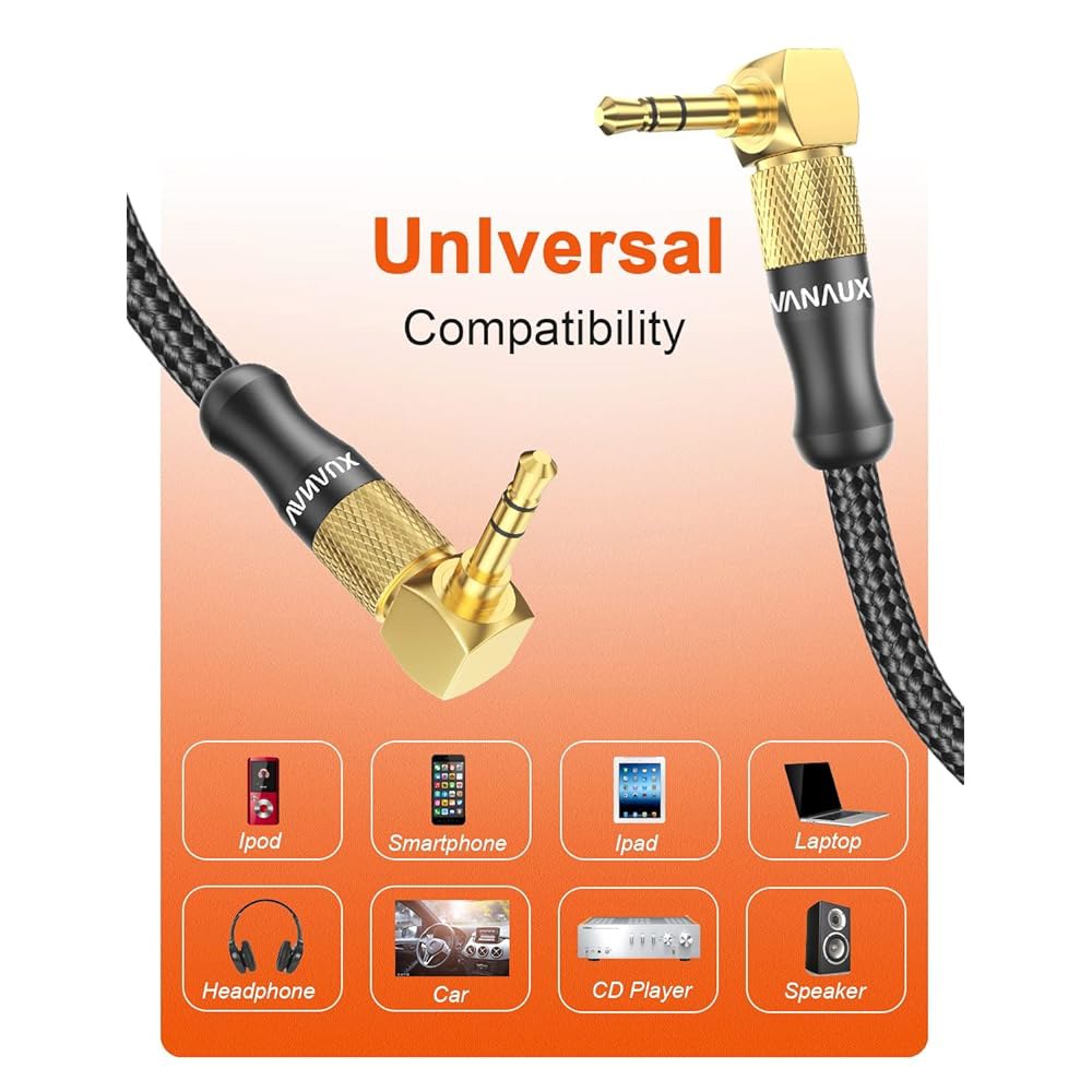 VANAUX 90도 직각 Aux 케이블 수-수 3.5mm 오디오 스테레오 코드 노트북, 스마트폰, 음악 플레이어, 태블릿, 스피커와 호환 (3m/9.8피트) 1.5 ft - 상세 이미지 2