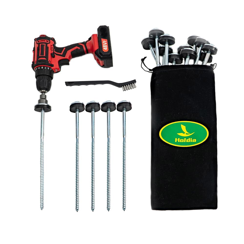 Holdia 드릴 가능한 텐트 말뚝 30.5cm(12인치) 15개 육각 페그 튼튼한 금속 앵커 및 캠핑 스파이크, 17mm 어댑터 보관 가방 포함 - 상품 이미지