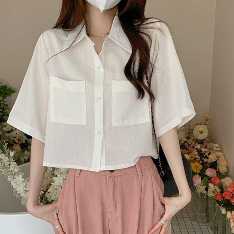 여성 여름 린넨 크롭 반팔셔츠 1P 카라 루즈핏 반소매 - 메인 이미지