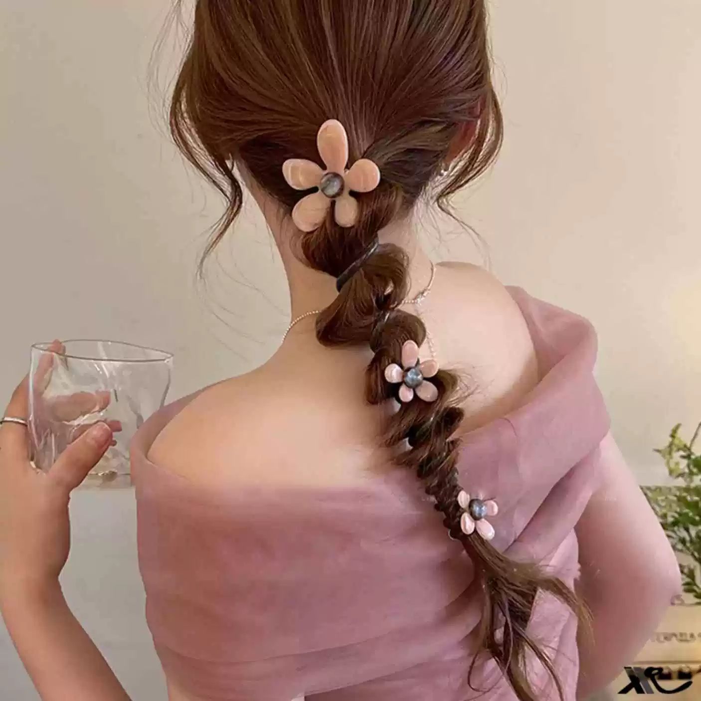 진주 꽃 전화선 헤어밴드 버블 직선 땋기 젤리핑크 - 상세 이미지 4