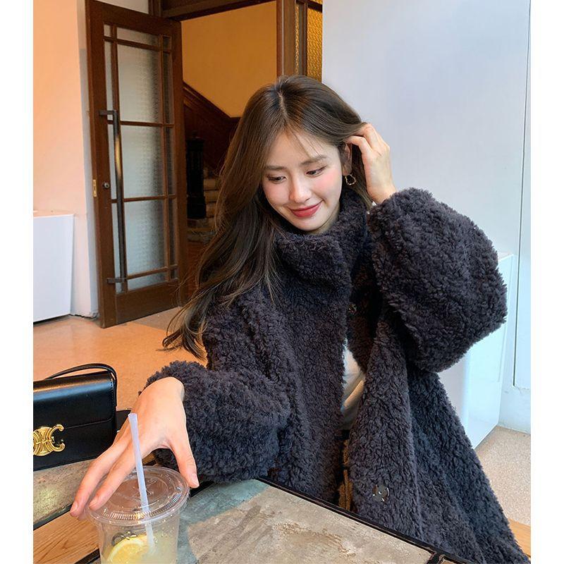 여성용 양털 스탠드 칼라 롱 코트 루즈핏 다용도 겨울 - 상세 이미지 3