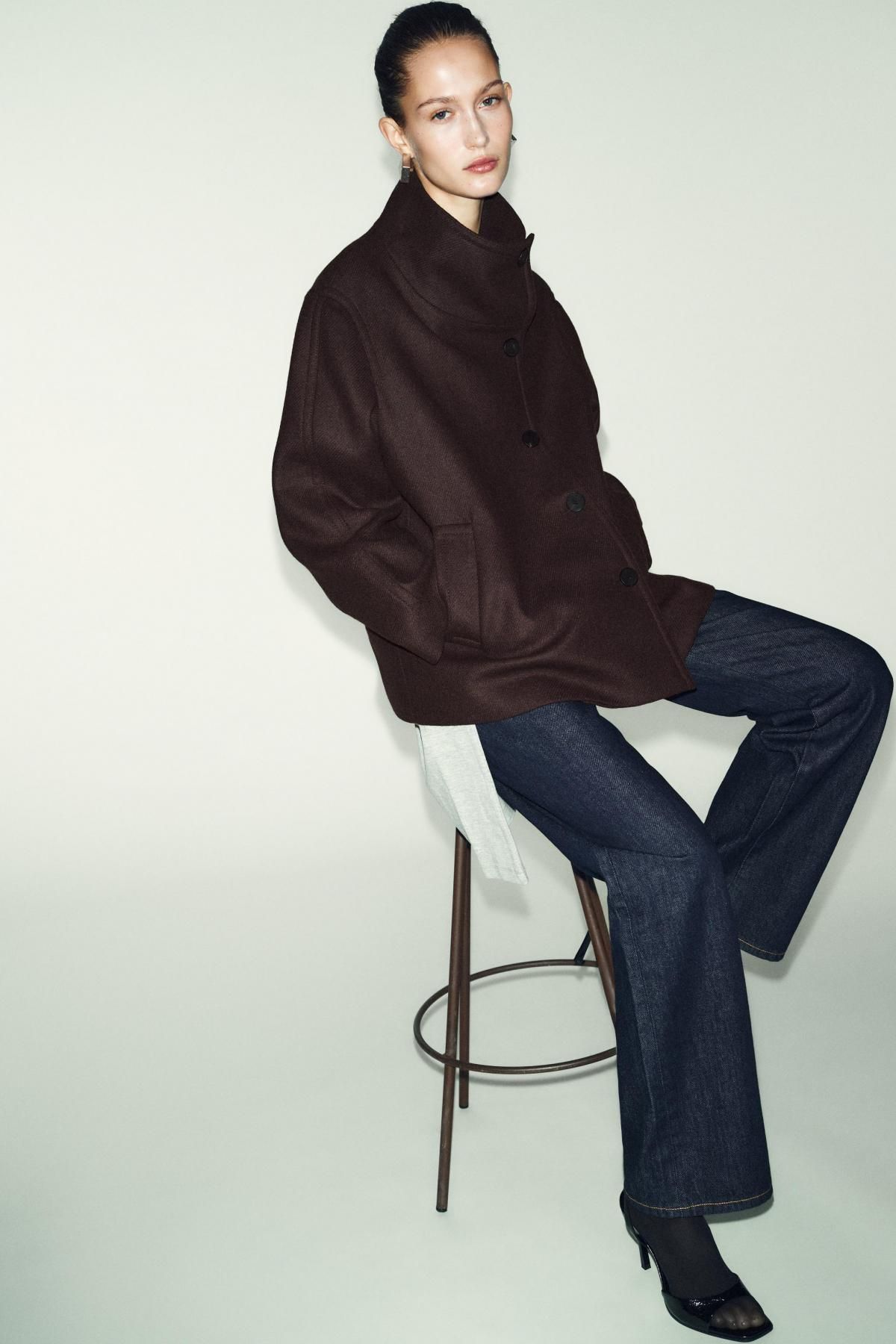 자라 클래식 울 하이넥 크롭 코트 2077/323 BROWN 이미지 8