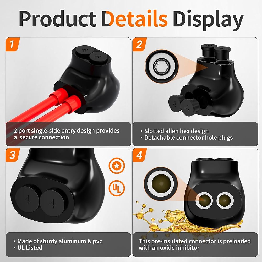Joinfworld 2 포트 절연 멀티 탭 커넥터 알루미늄과 구리선 4-14AWG 단일 측면 진입 알루미늄 블랙 전기 케이블 슬롯형 앨런 헥스 - 10 - 상세 이미지 3