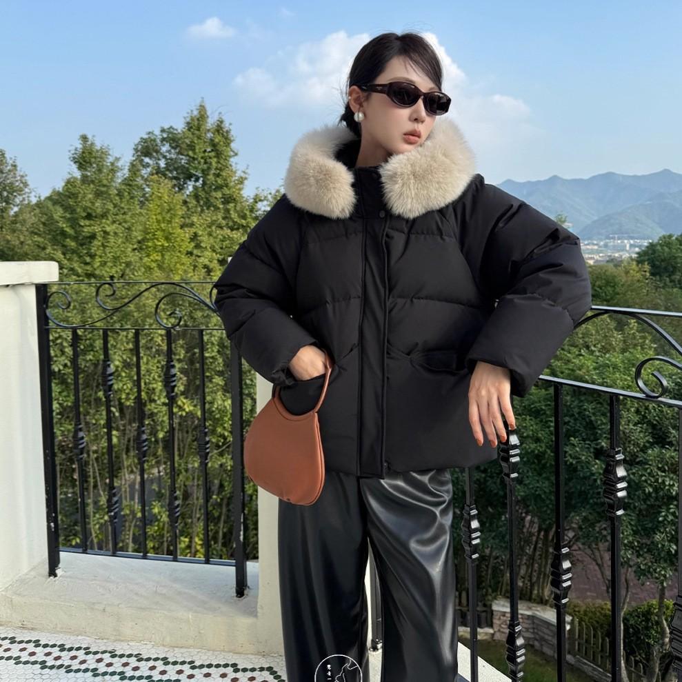 여성용 오리다운 후드 재킷 패딩 두꺼운 따뜻한 모피 칼라 - 상세 이미지 4