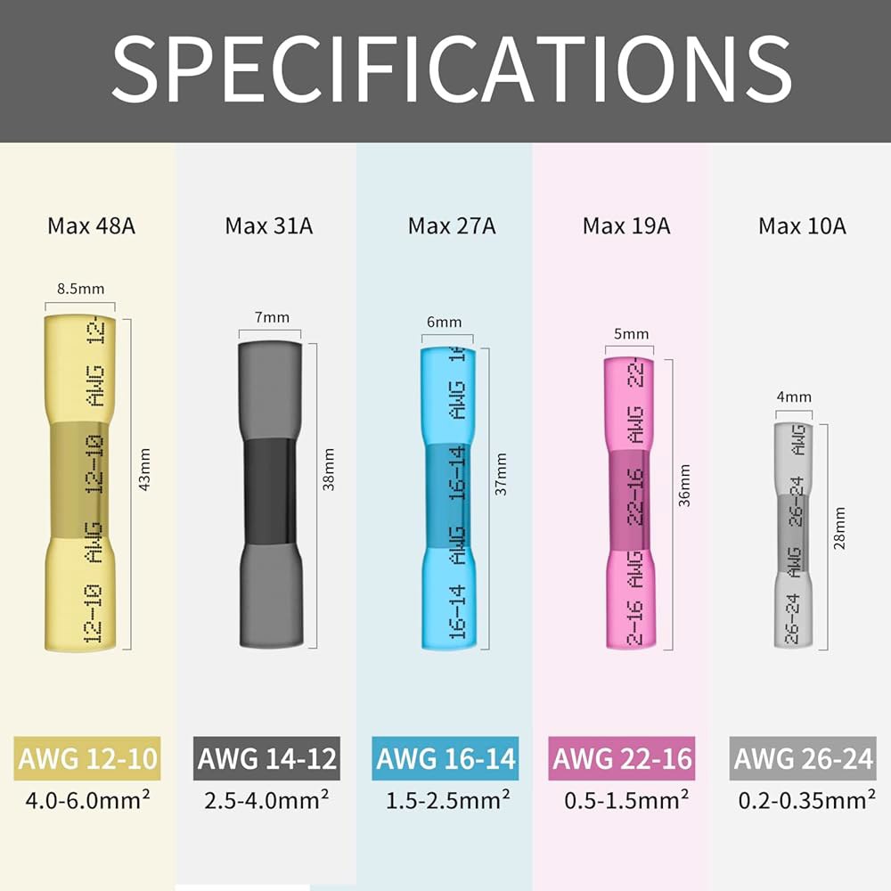열수축 버트 커넥터, 16-14 AWG 100Pcs 블루 방수 전기 크림프 와이어 스플라이스 해양, 케이블, 배선용 26-24 AWG - 상세 이미지 2