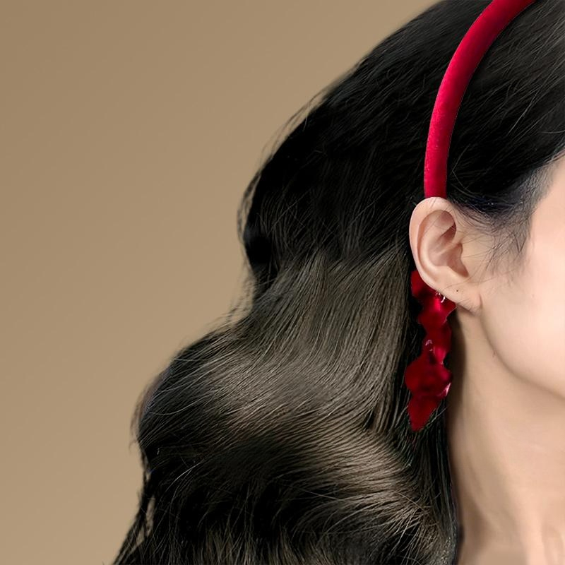 레드 비즈 꽃 헤어밴드 여성 포인트 머리띠 파티 데일리 액세서리 레드 벨벳 가발 귀걸이 이미지 6