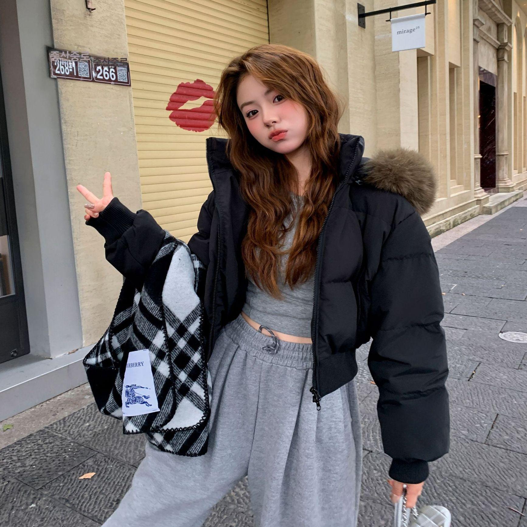 오리 다운 패딩 카라 허리 재킷 여성 겨울 두꺼운 짧은 - 상세 이미지 4