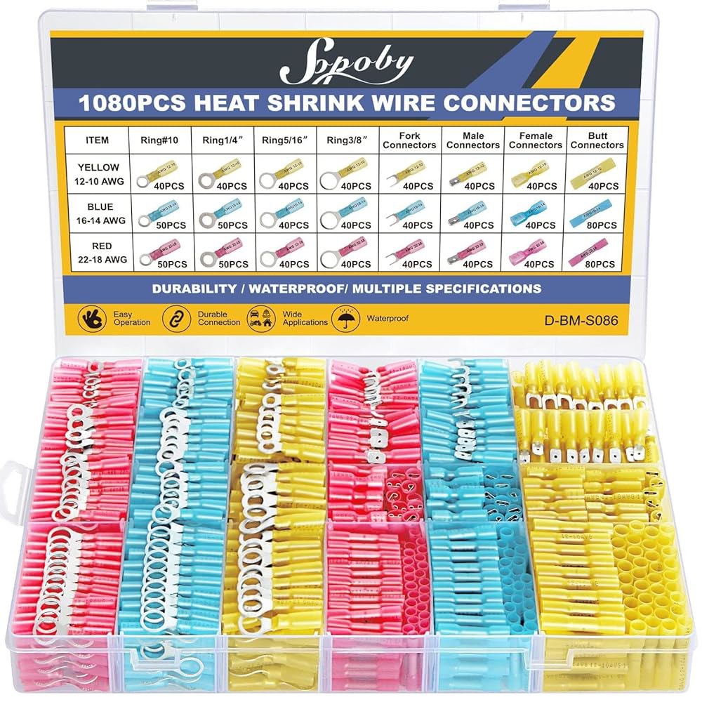 1080PCS 열수축 와이어 커넥터, 소포비 마린 등급 전기 커넥터 키트 통조림 레드 구리, 방수 크림프 절연 링 포크 스페이드 버트 스플라이스 AWG 22-10 - 상품 이미지