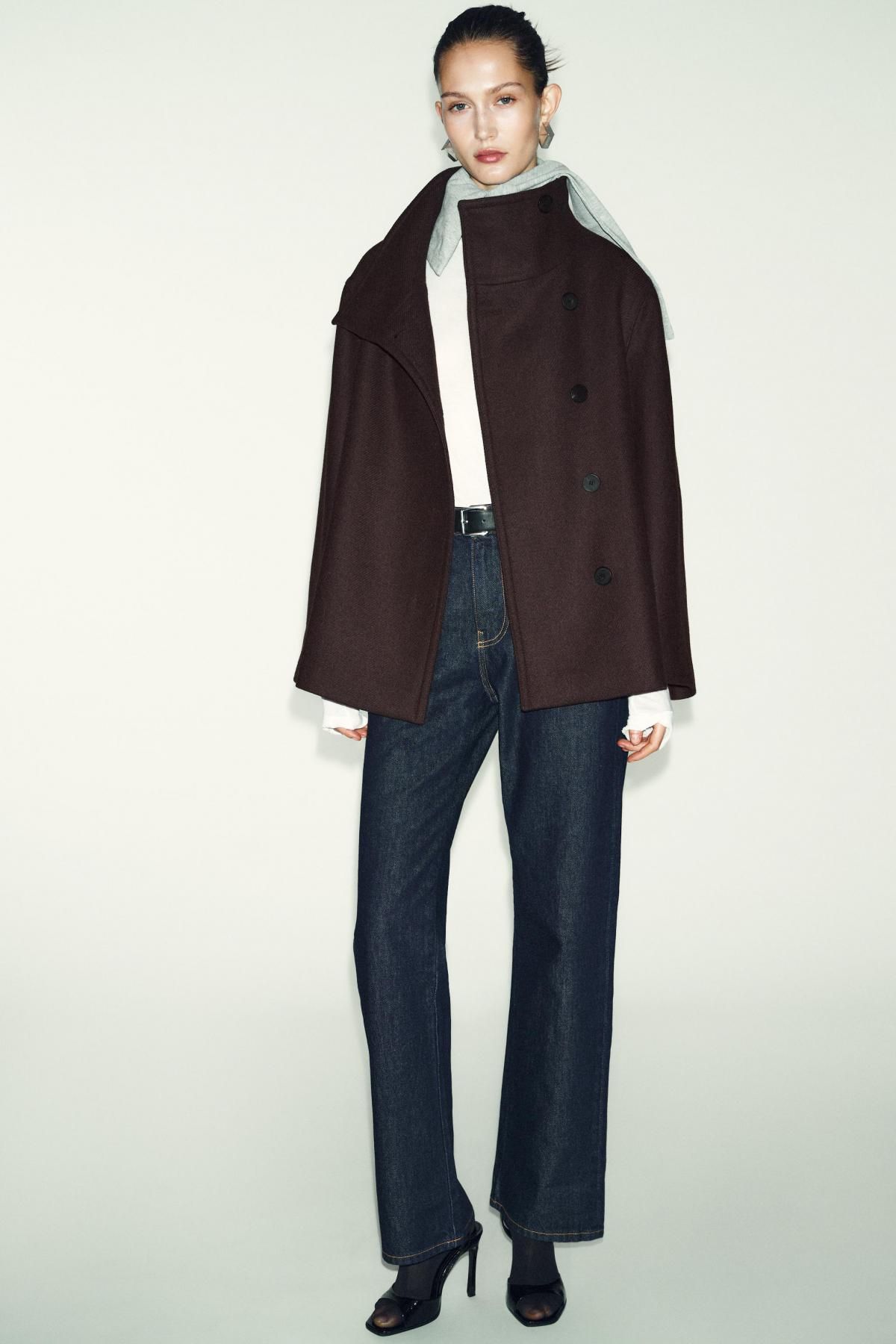 자라 클래식 울 하이넥 크롭 코트 2077/323 BROWN - 상세 이미지 2