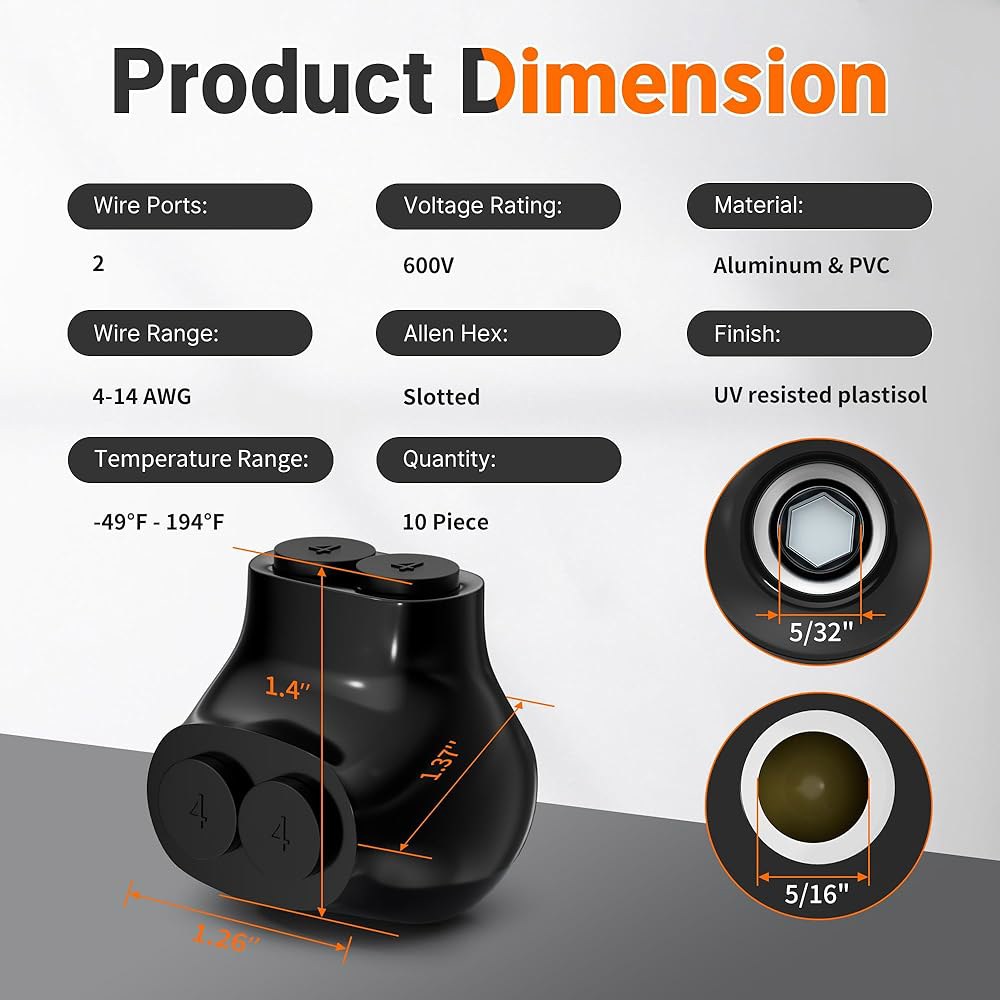 Joinfworld 2 포트 절연 멀티 탭 커넥터 알루미늄과 구리선 4-14AWG 단일 측면 진입 알루미늄 블랙 전기 케이블 슬롯형 앨런 헥스 - 10 - 상세 이미지 2