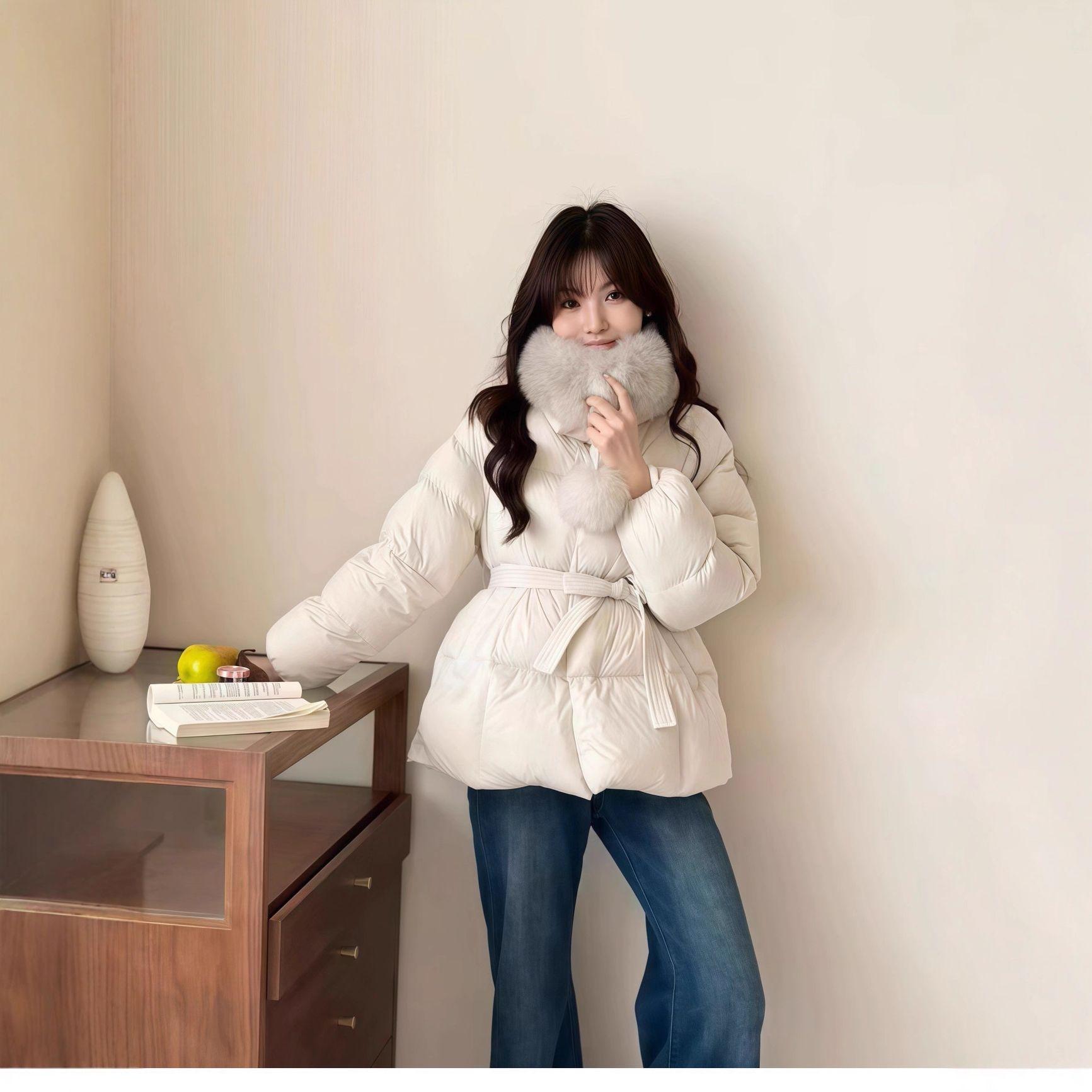 여성용 다운 패딩 오리털 슬림핏 재킷 허리 벨트 - 상세 이미지 2