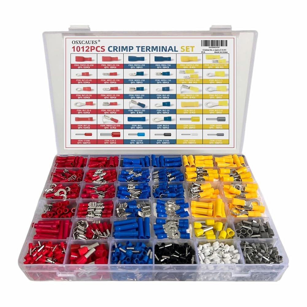 1012PCS 솔더리스 와이어 커넥터 키트, 전기 단자 스페이드 엔드 버트, 링, 페룰 커넥터, 포크, 22-10 AWG용 - 상품 이미지