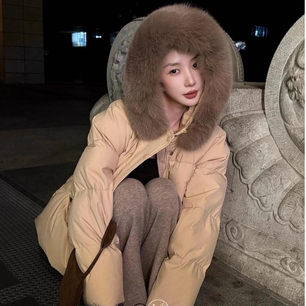 여성용 오리다운 후드 재킷 패딩 두꺼운 따뜻한 모피 칼라 - 상세 이미지 2