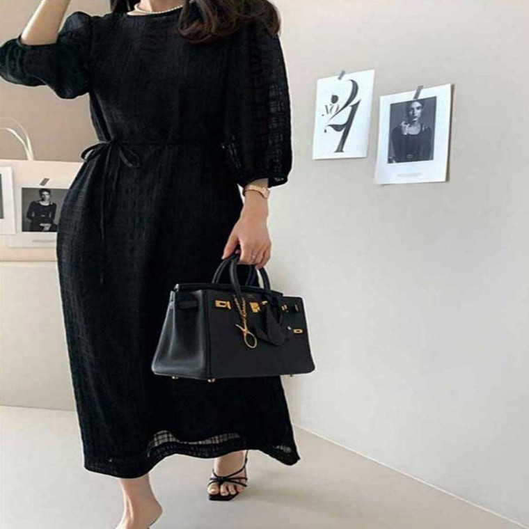 2컬러 여자 클래식무드 하객룩 7부소매 롱원피스 - 상품 이미지
