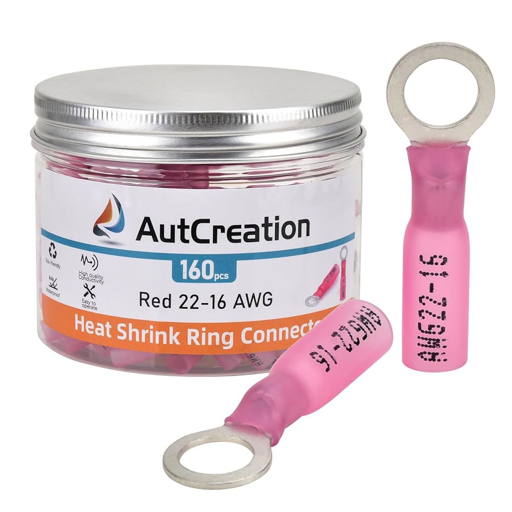 AutCreation 160PCS 열수축 링 단자 1/4인치 빨간색 22-16 AWG 해상 등급 전기 와이어 커넥터, 주석 처리된 구리 저항 절연 방수 크림프 - 상품 이미지