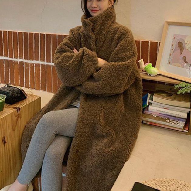 여성용 양털 스탠드 칼라 롱 코트 루즈핏 다용도 겨울 - 상품 이미지