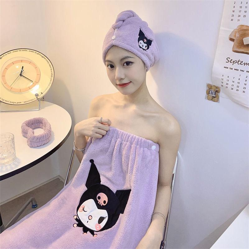 산리오 랩타월 목욕타월 흡수 속건 보풀 없는 크고 두꺼운 귀여운 가정용 타월 쿠로미 목욕가운+헤어캡 벨크로 - 상품 이미지