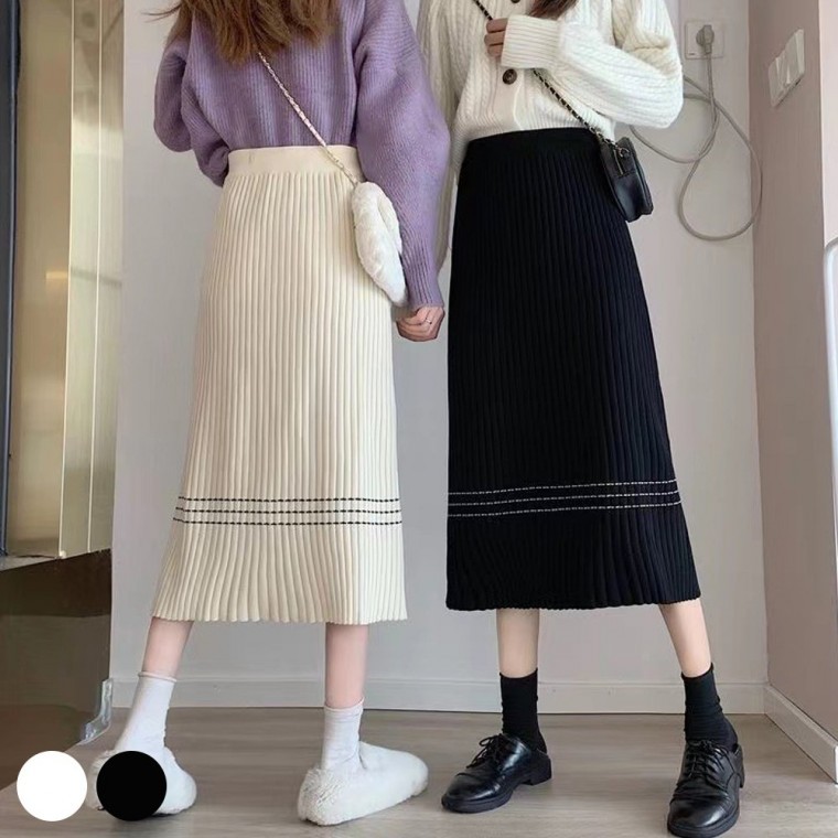 A라인 포인트 롱스커트 3줄 골지 치마 여성 여자 코디 - 상품 이미지