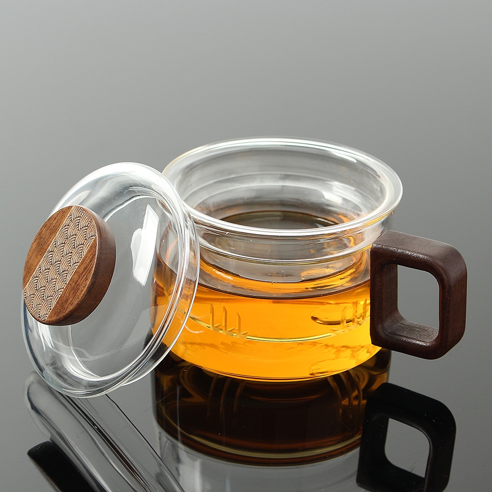 티로하 내열 유리 티머그 녹차잔 (투명)( 200 ml) 유리티 뚜껑티 머그컵 거름망 - 메인 이미지