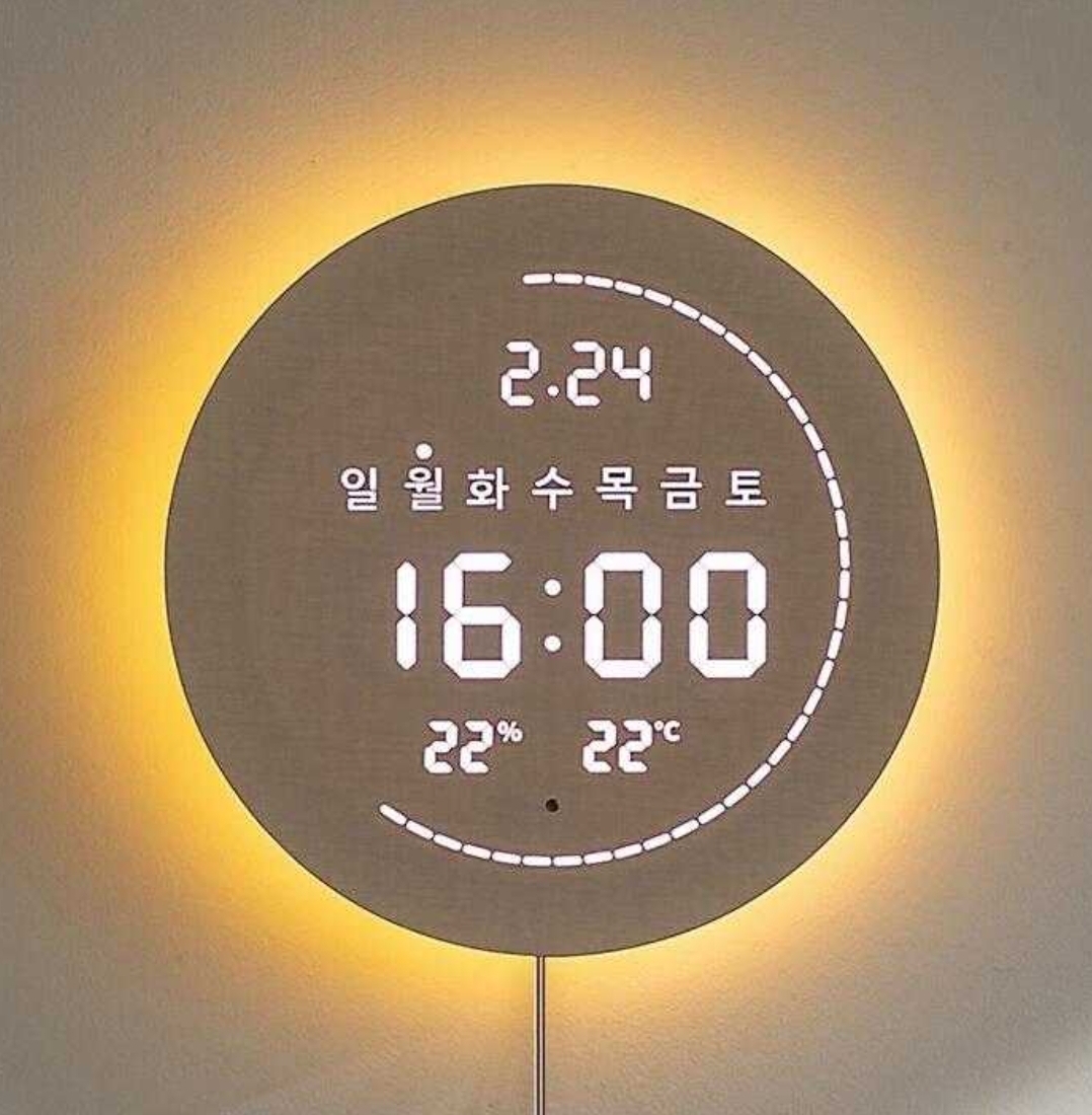 플라이토 백라이트 LED 벽시계 디지털 전자 거실 벽걸이 온습도 와이파이 터닝 플랫19cm