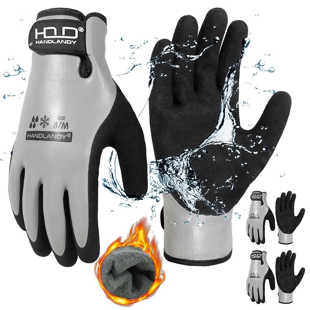 HANDLANDY 추운 날씨를 위한 방수 작업 장갑 2쌍, 남녀용 그립이 있는 단열 겨울 냉동고 Black (12 Pairs) Small - 상품 이미지