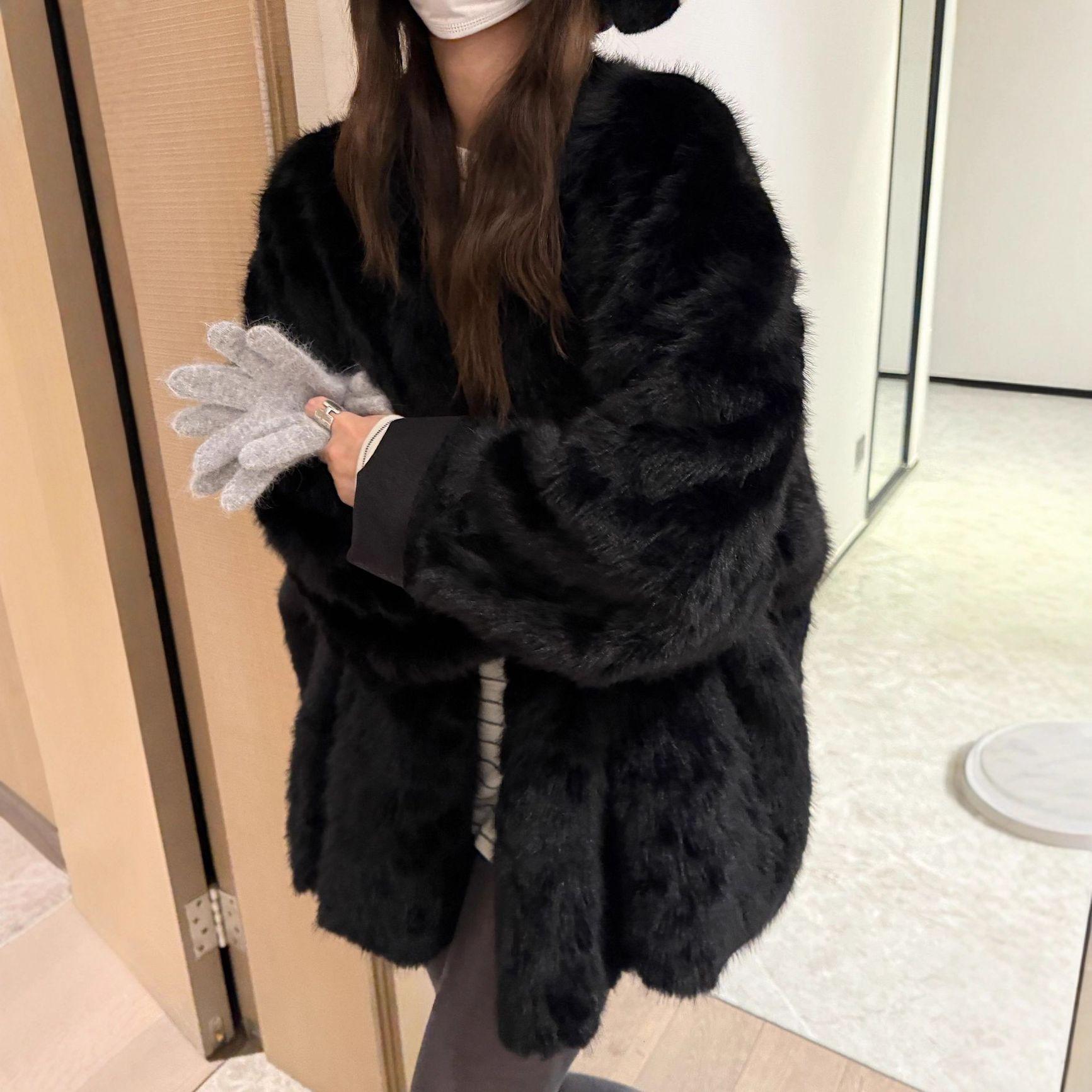 여성용 밍크 모피 브이넥 친환경 코트 가을 겨울 따뜻한 원피스 - 상세 이미지 4