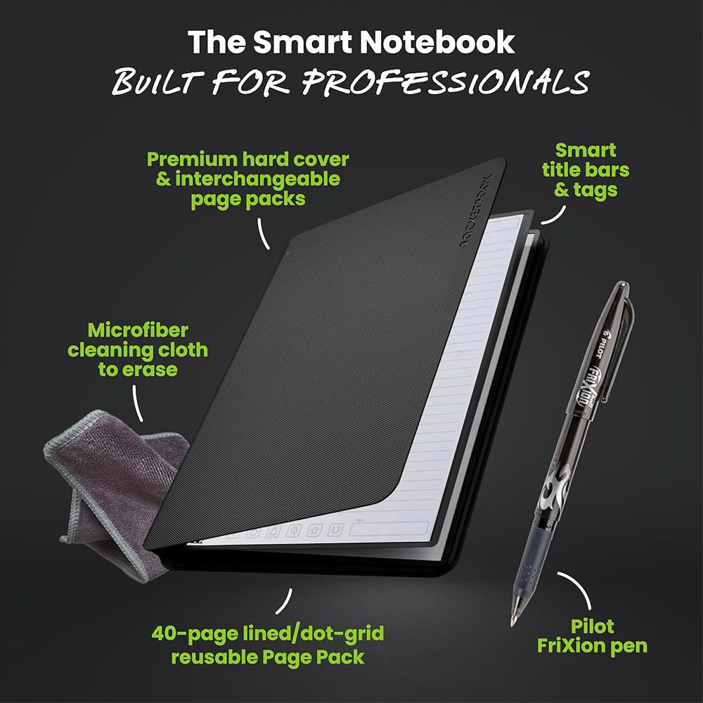Rocketbook Pro 스마트 재사용 가능 노트북, 리닝 및 점선 교체 페이지, 업무 비즈니스 회의용, 글자 크기 8.5x11, 검정 Black Executive - 상세 이미지 2