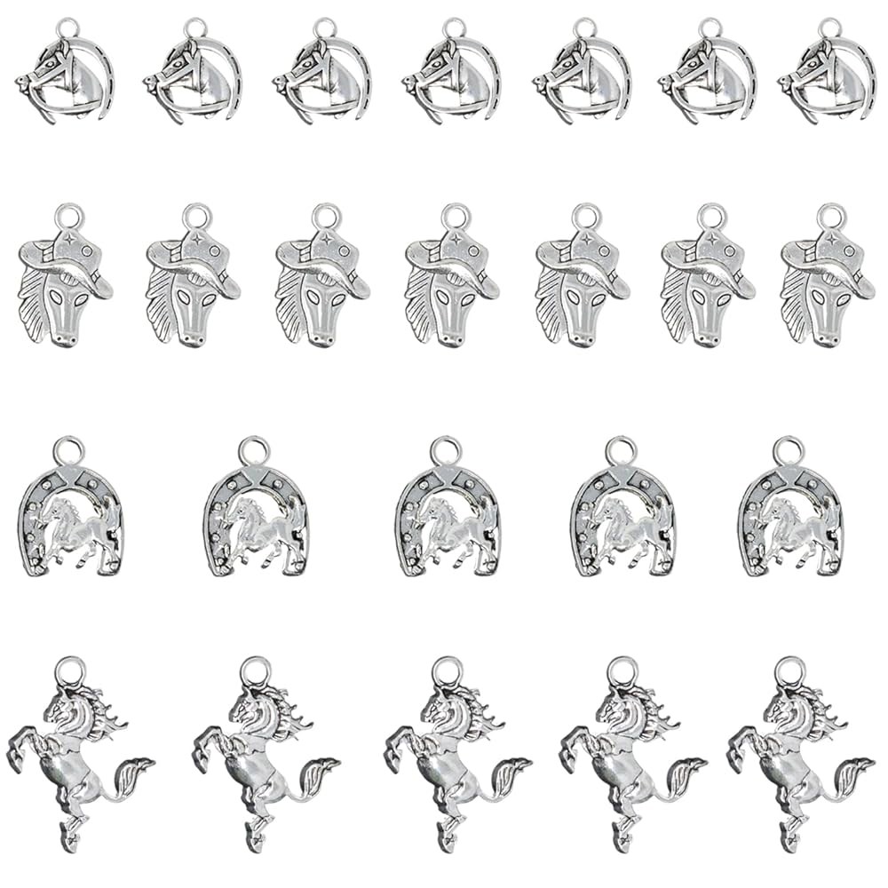유톤 40PCS 합금 럭키 호스슈 참 펜던트 열쇠고리, 귀걸이, 팔찌, 목걸이, 보석 제작 및 DIY 공예를 위한 웨스턴 카우보이 동물 - 4가지 스타일 - 상품 이미지