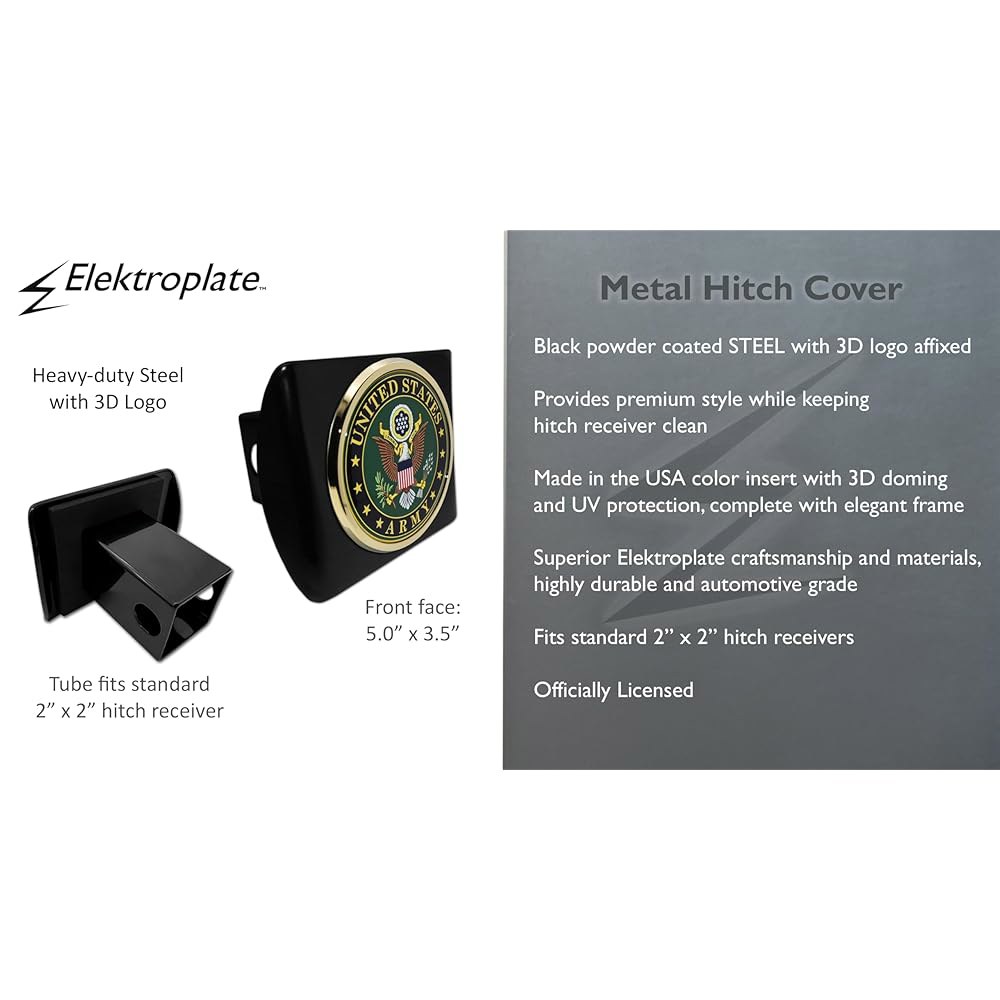 Elektroplate 트럭 및 SUV용 공식 적합 프리미엄 독수리 블랙 5.1cm(2인치) 라이선스 메탈 트레일러 표준 리시버에 미국 내후성 커버 히치 육군 Black - 상세 이미지 3