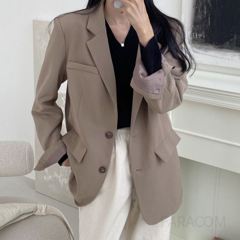 여성 루즈핏 오버핏 싱글 버튼 베이직 간절기 자켓 재킷 심플 솔리드 데일리 아우터 봄 가을 오피스 하객룩 빅사이즈 긴팔 - 상세 이미지 4