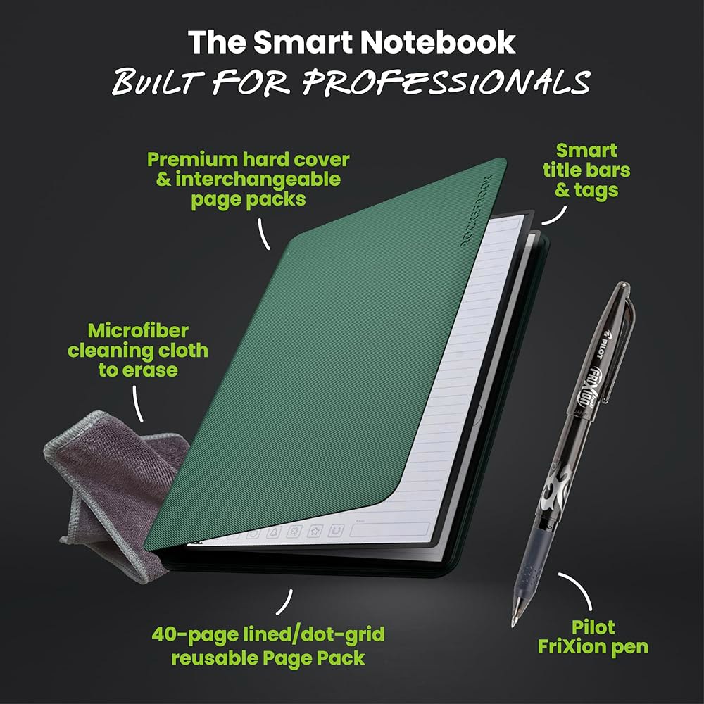 Rocketbook Pro 스마트 재사용 가능 노트북, 리닝 및 점선 교체 페이지, 업무 비즈니스 회의용, 글자 크기 8.5x11, 녹색 Black Executive - 상세 이미지 3