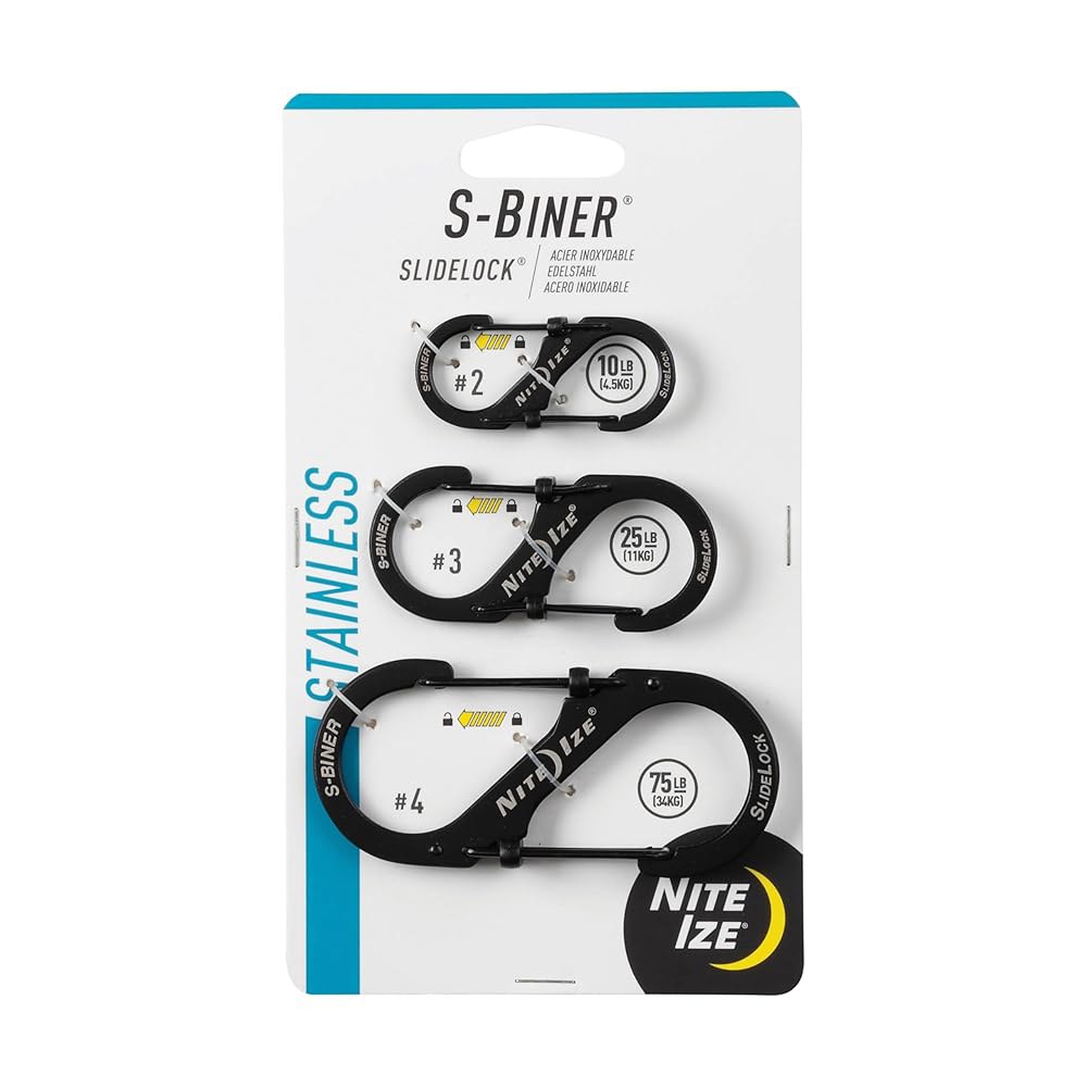 Nite Ize LSBC-01-R6 S-Biner 슬라이드락 3팩, 잠금 사이즈 다양한 4, 2, 3, 블랙 카라비너, 듀얼 Stainless - 상품 이미지