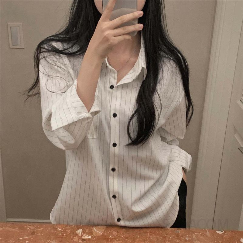 여성 루즈핏 카라넥 스트라이프 드롭숄더 포켓 롱 셔츠 긴팔 블라우스 데일리 오피스룩 봄 가을 - 상세 이미지 3