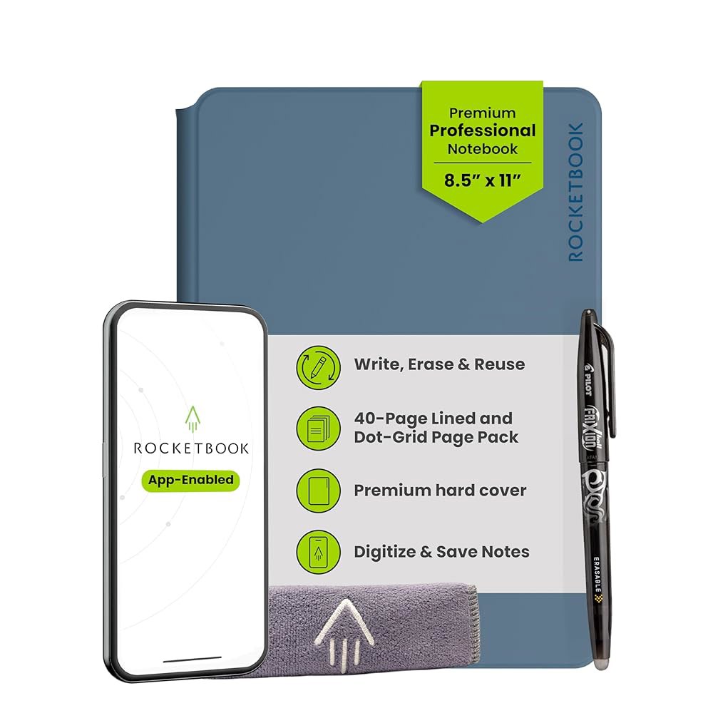 Rocketbook Pro 스마트 재사용 가능 노트북, 리닝 및 점선 교체 페이지, 업무 비즈니스 회의용, 편지 크기 8.5x11, 파란색 Black Executive - 상품 이미지